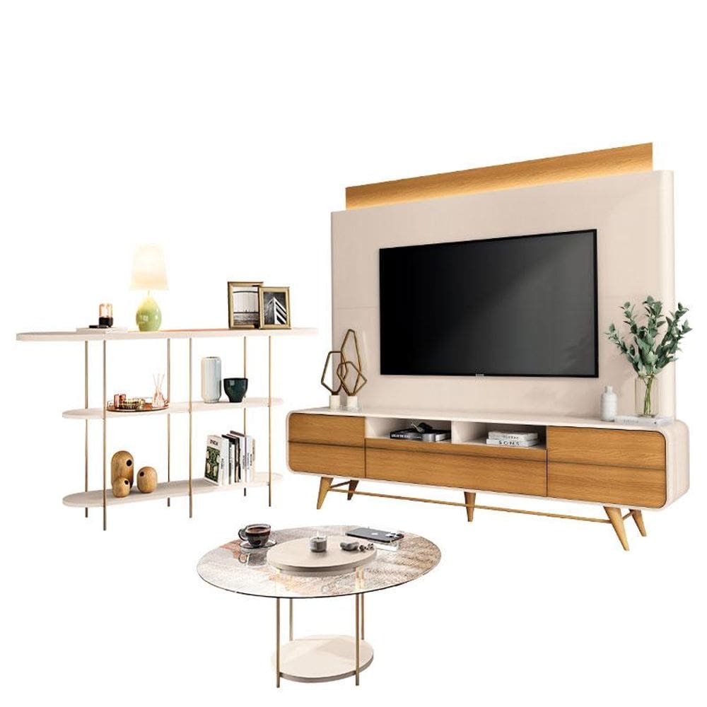 Estante Home Theater Nobre Off White Cinamomo e Aparador Infinity e Mesa de centro Sky com tampo de vidro Off White– HB Móveis