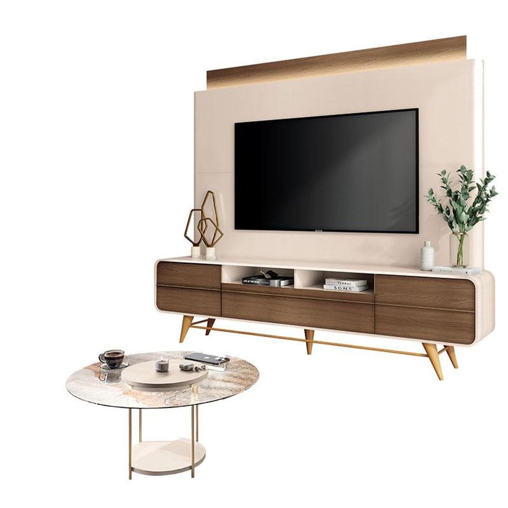 Estante Home Theater Nobre Off White Castanho e Mesa de Centro Sky com Tampo de Vidro Off White– HB Móveis