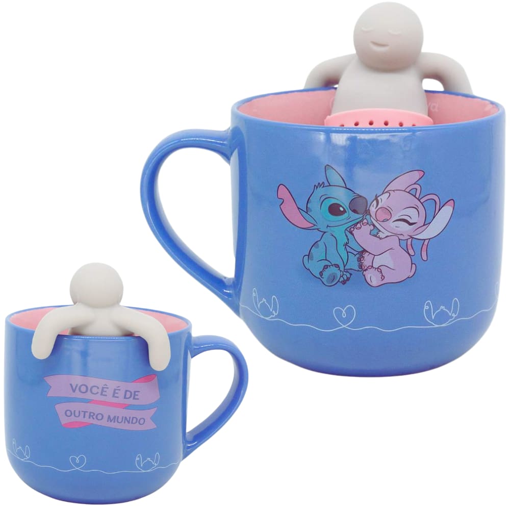 Caneca Stitch E Angel Você É Do Outro Mundo Com Boneco Infusor De Chá Cerâmica Oficial Disney