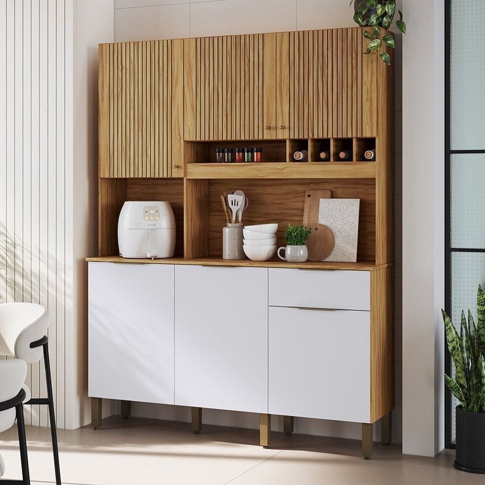 Cozinha Compacta com 6 Portas 1 Gaveta e Mini Adega 151,30cm 100% Mdf Croácia Espresso Móveis Amêndoa/Branco