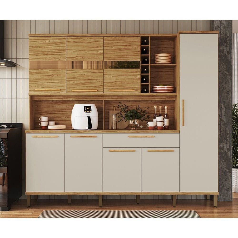 Cozinha Compacta 222cm com 8 Portas 1 Gaveta e Mini Adega 100% Mdf Suécia Espresso Móveis Amêndoa/Off White