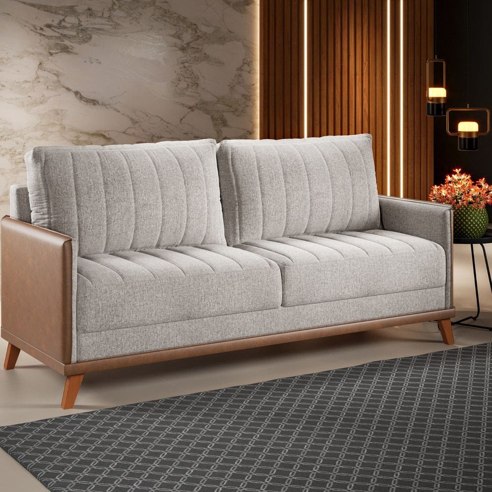 Sofá Living 200cm 4 Lugares com Pés de Madeira Seletto Kaki