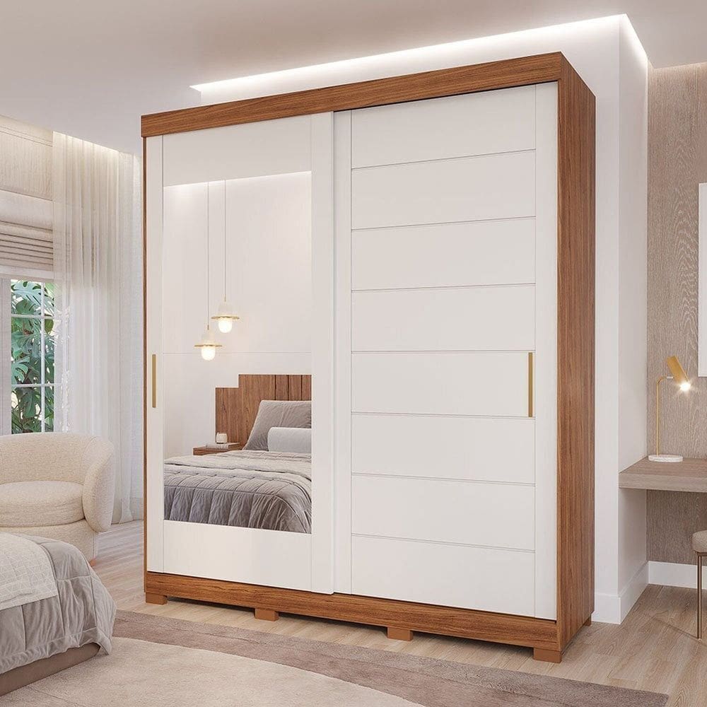 Guarda-Roupa Casal 235cm 2 Portas de Correr com Pés e Espelho 100% MDF Firenze Espresso Móveis