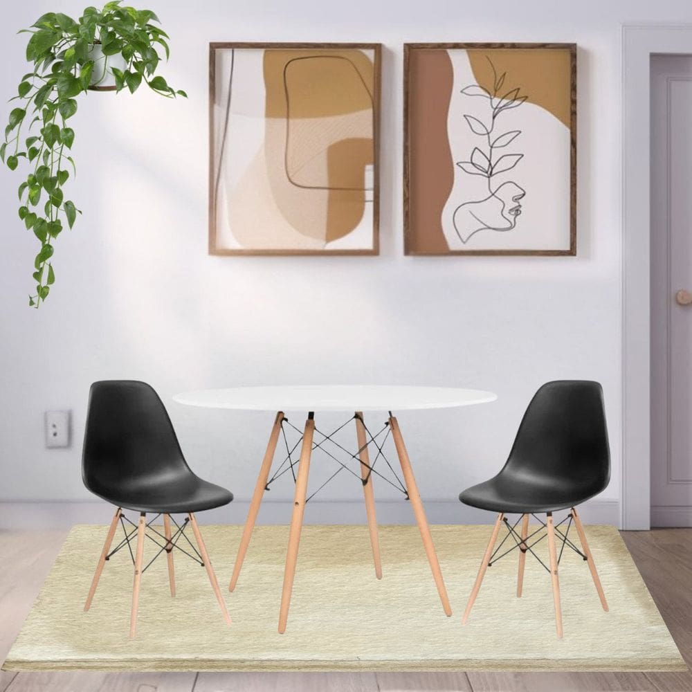 Conjunto Mesa de Jantar 90cm com 2 Cadeiras Eiffel Preto/Branco