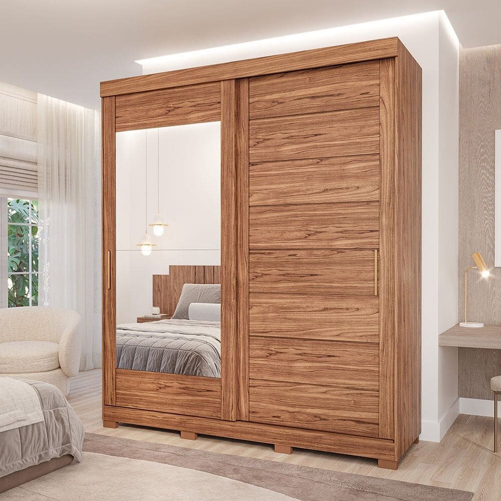 Guarda-Roupa Casal 235cm 2 Portas de Correr com Pés e Espelho 100% MDF Firenze Espresso Móveis