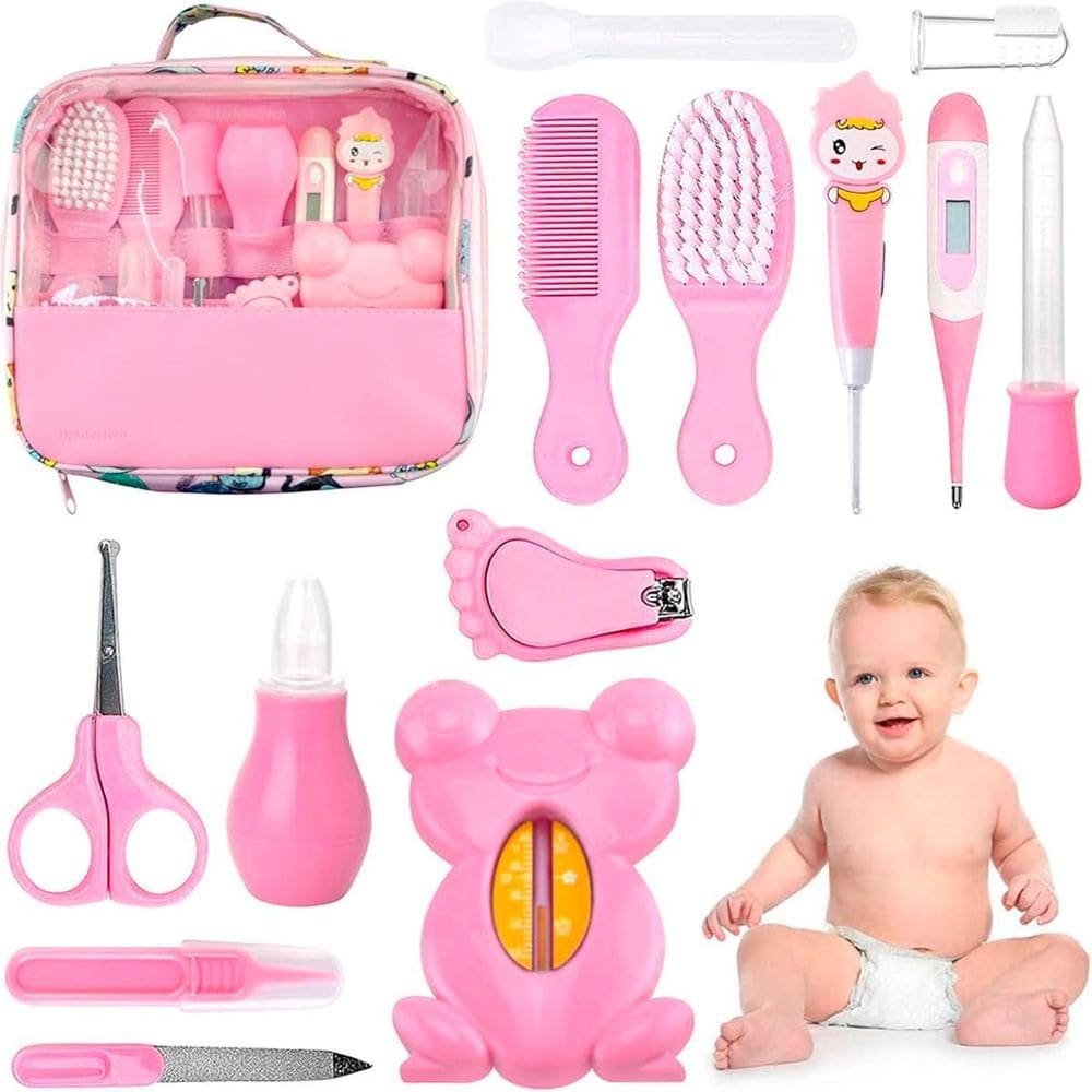Kit Higiene Rosa Bebê Escova Tesoura Aspirador Nasal