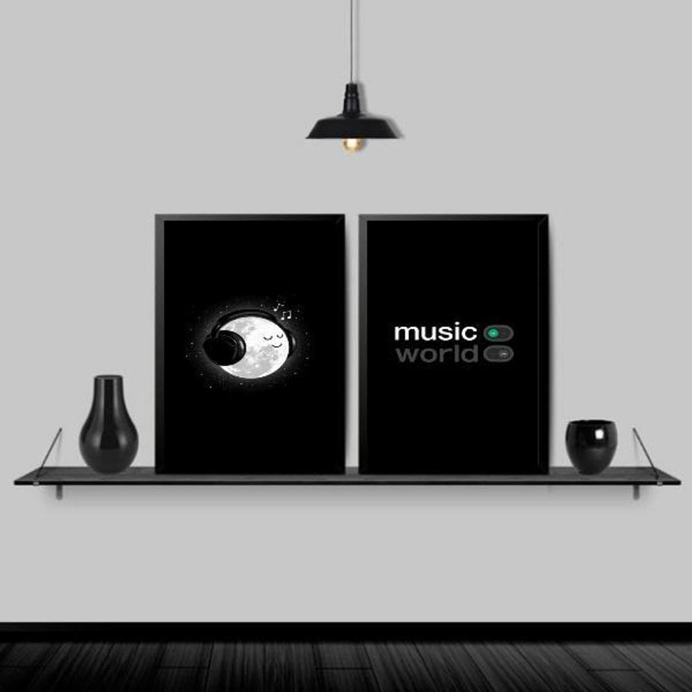 Kit 2 Quadros Music On World Off 33X24Cm Moldura Preta