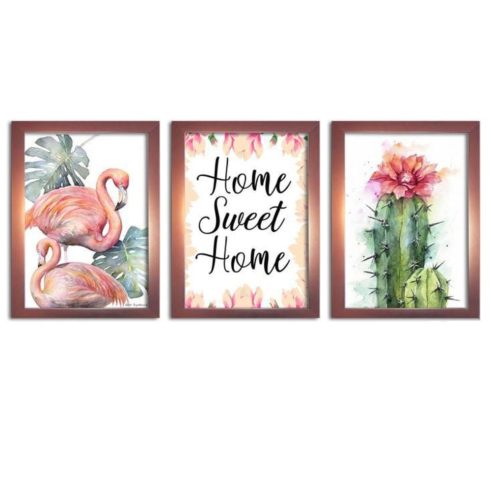 Kit 3 Quadros Decorativos Com Moldura Rose Home Flamingo