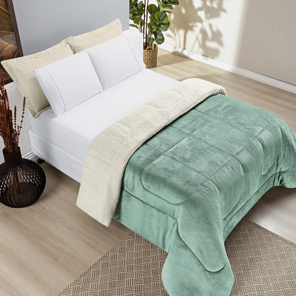 Coberdrom Casa Scarpa Apollo Queen Sherpa Pele de Carneiro + Manta Flannel - Verde Alecrim