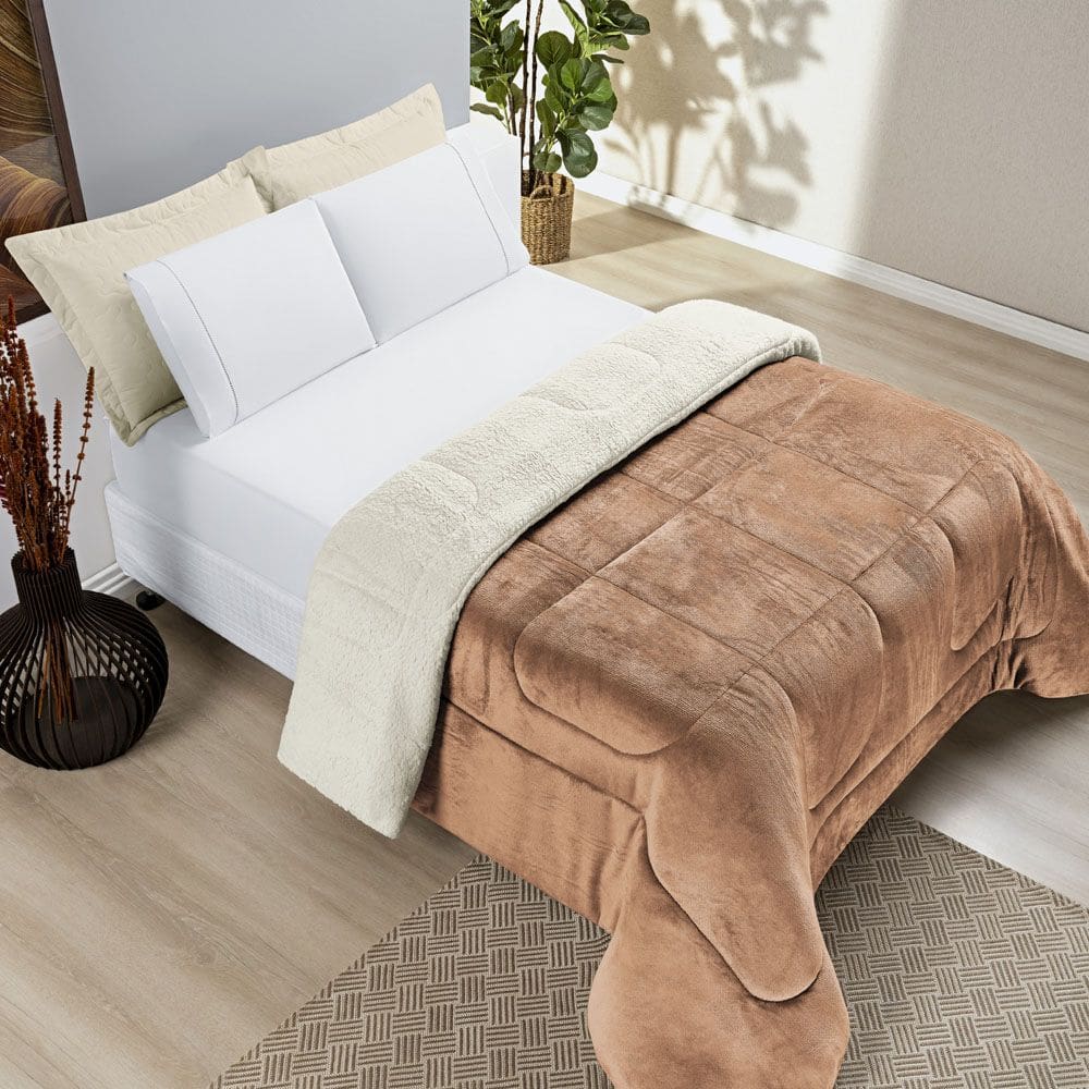 Coberdrom Casa Scarpa Apollo Queen Sherpa Pele de Carneiro + Manta Flannel - Rosa Alaranjado Apricot