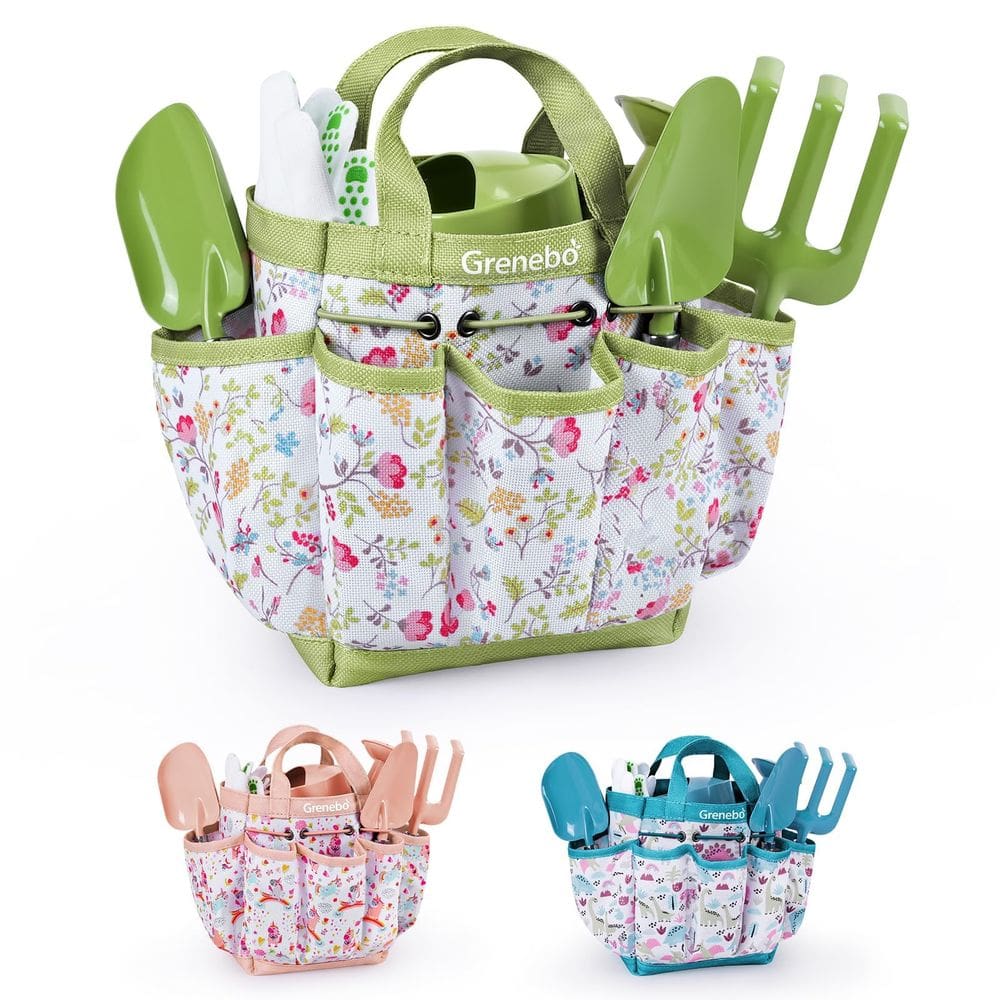 Conjunto de jardinagem Grenebo Kids com pás, chapéu, ancinho, avental e luvas