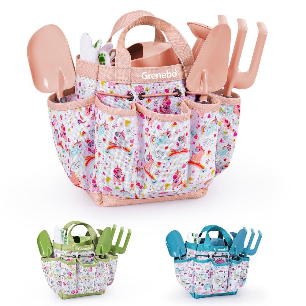 Conjunto de jardinagem Grenebo Kids com pás, chapéu, ancinho, avental e luvas