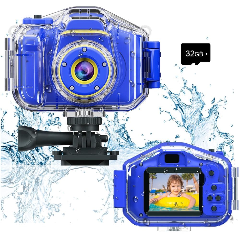 Câmera impermeável para crianças Agoigo HD 5MP 1080P 32GB com estojo azul escuro