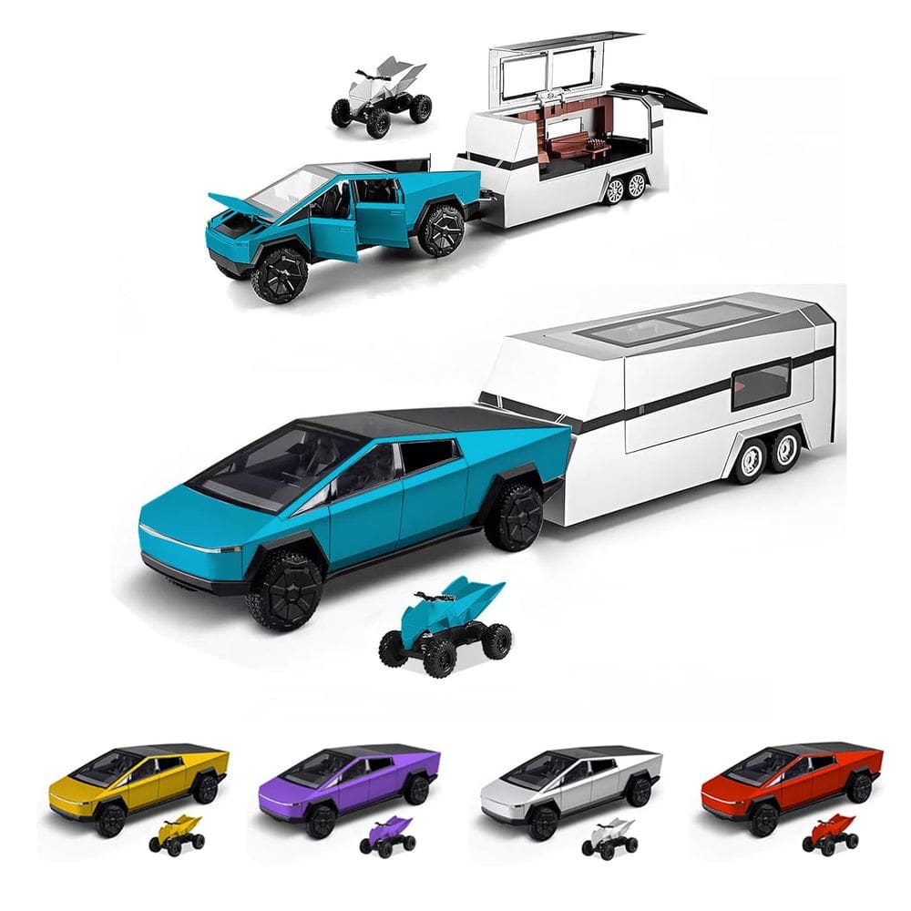 Carro de brinquedo Powvan Cybertruck em liga de ouro fundido com RV e ATV