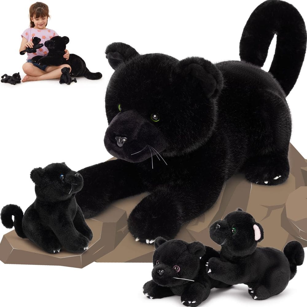 Bicho de pelúcia MoriSmos Black Plush Panther com bebês de 45 cm