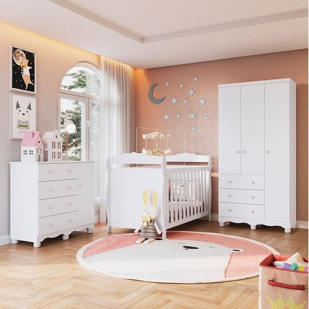 Quarto de Bebê Completo Guarda-roupa 3 Portas Cômoda e Berço Minicama 100% Mdf Nina Espresso Móveis Branco Brilho