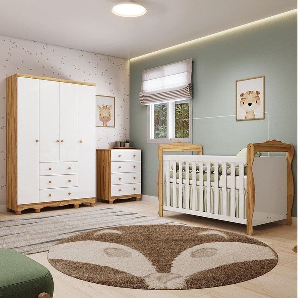 Quarto de Bebê Completo Berço Minicama Guarda-roupa 4 Portas e Cômoda 100% Mdf Nina Espresso Móveis Branco Brilho/Amêndoa