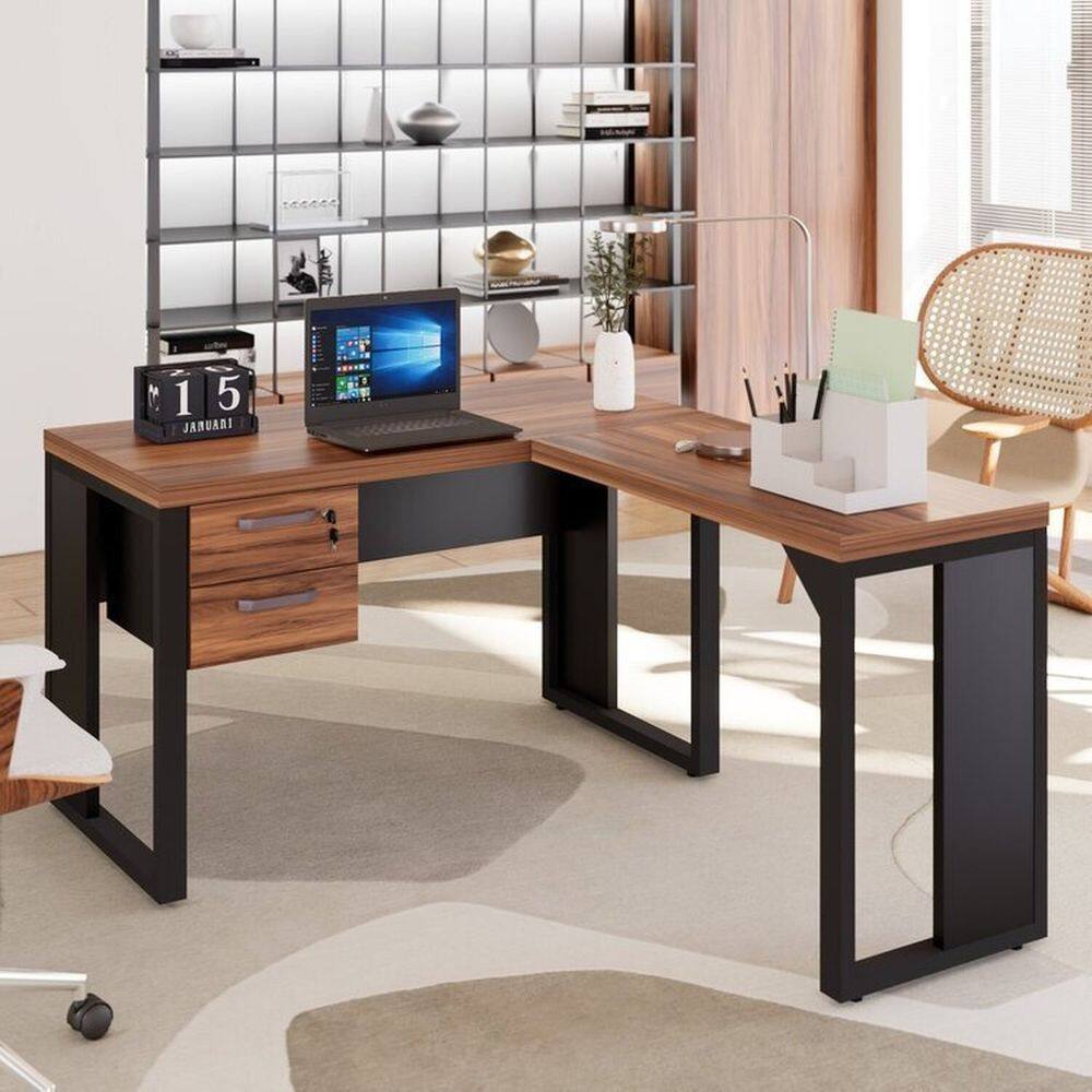 Mesa para Escritório Diretor em L com Gaveteiro Suspenso Marrom/Preto