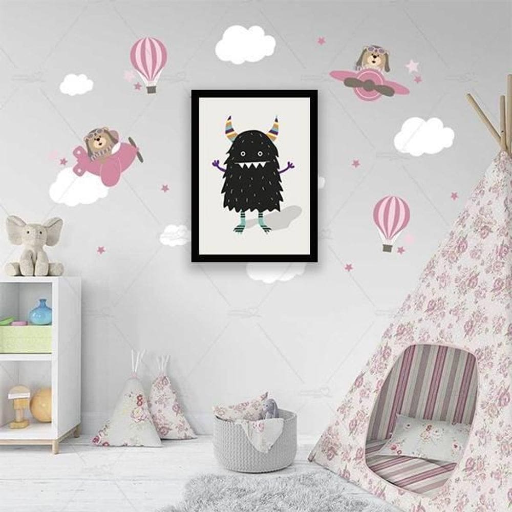 Quadro Monstrinho Preto 33X24Cm - Com Vidro - Madeira Preta
