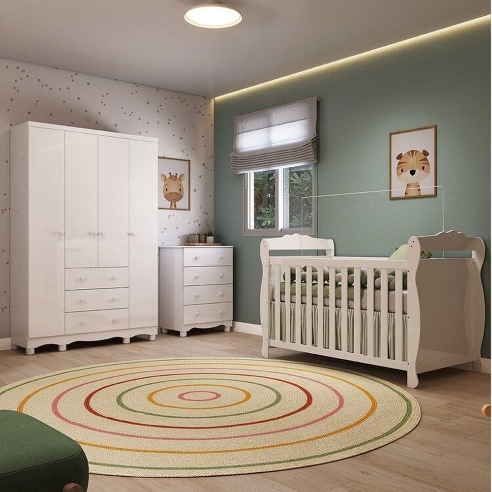 Quarto de Bebê Completo Berço Minicama Guarda-roupa 4 Portas e Cômoda 100% Mdf Nina Espresso Móveis Branco Brilho