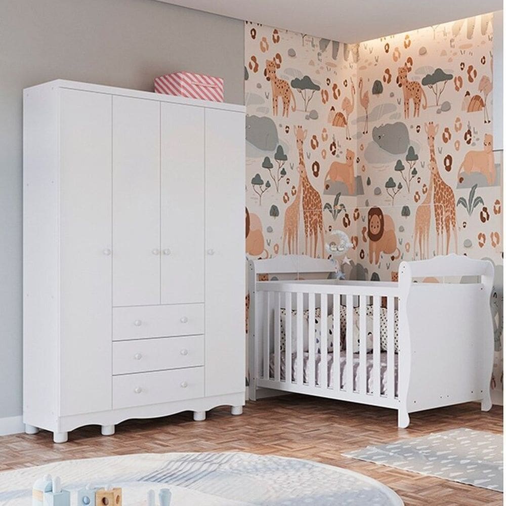Quarto de Bebê com Guarda-roupa 4 Portas e Berço Minicama 100% Mdf Nina Espresso Móveis Branco Brilho