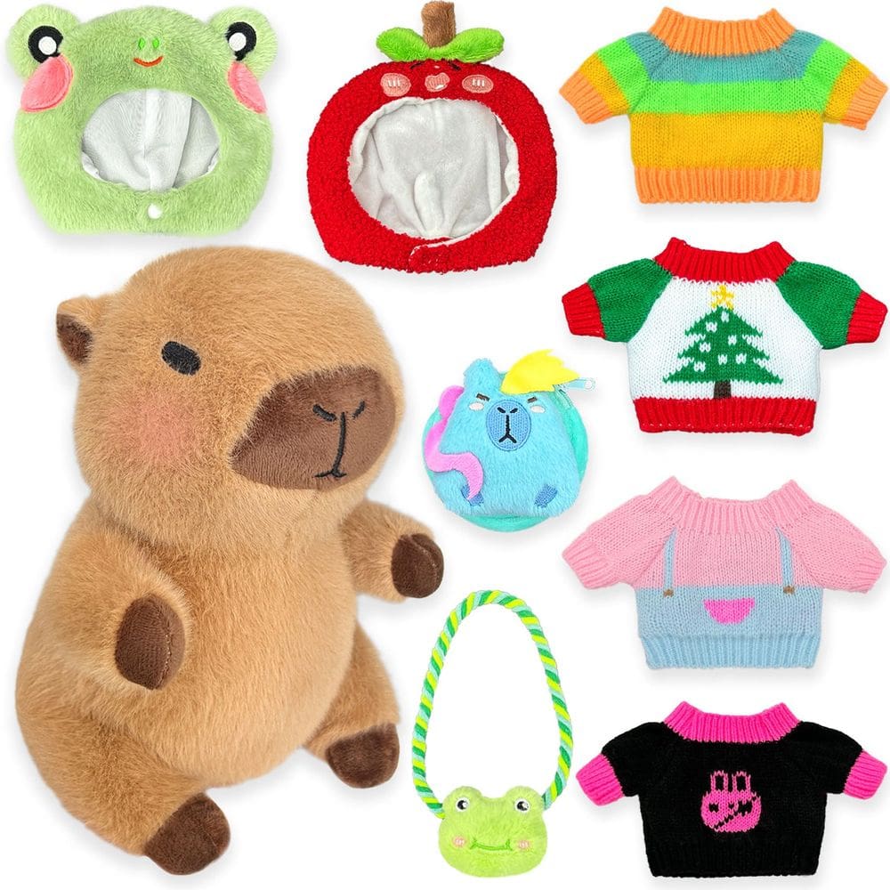 Brinquedo de pelúcia Kireidane Capybara com 9 roupas e acessórios de 26 cm