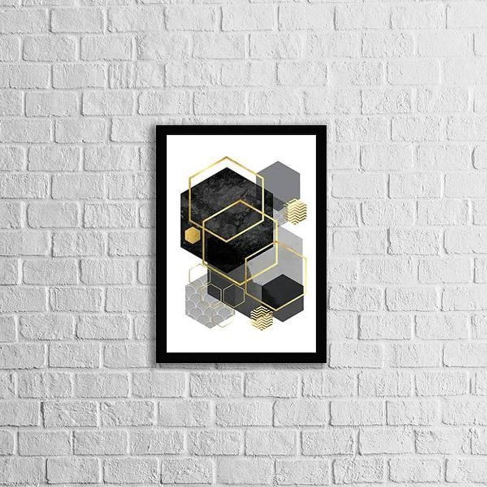 Quadro Geométrico Hexágonos Preto E Cinza 45X34 Vidro Preta