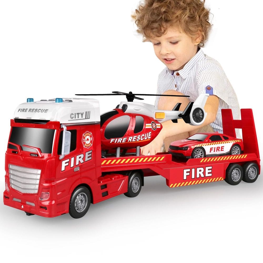 Caminhão de brinquedo Dwi Dowellin 25,6 cm com carro de corrida e helicóptero