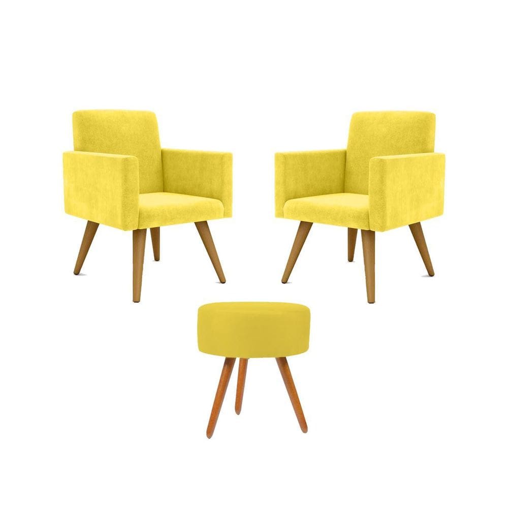 Kit 02 Poltronas Decorativas + Puff Decorativo Redondo Sala