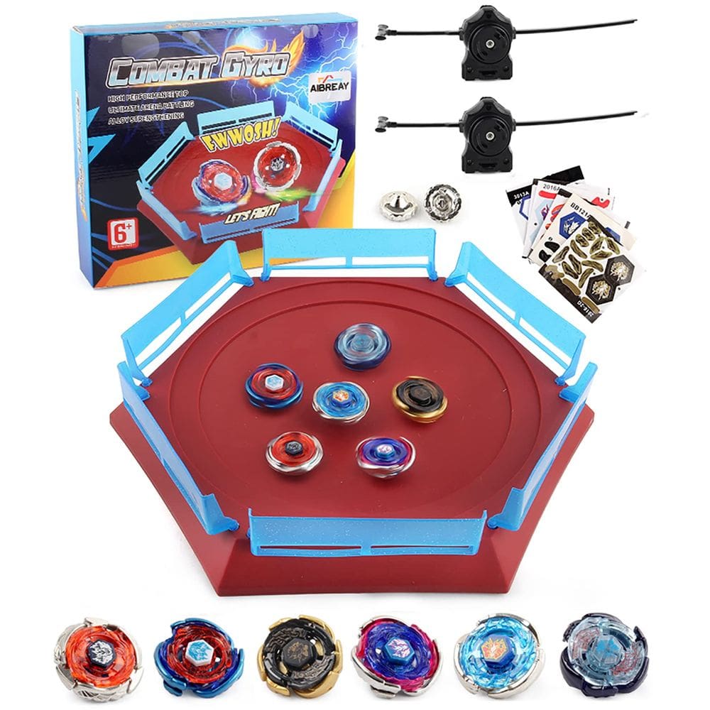 Conjunto Toy Battling Top Stadium Blade Battle AIBREAY com 6 piões Metal Fusion, 2 lançadores, 1 Arena Kids Boys, 6 ou mais