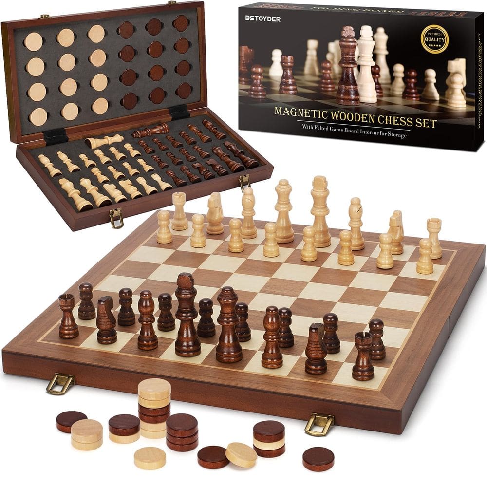 Conjunto de jogos de tabuleiro de xadrez e damas Bstoyder Magnetic Wood