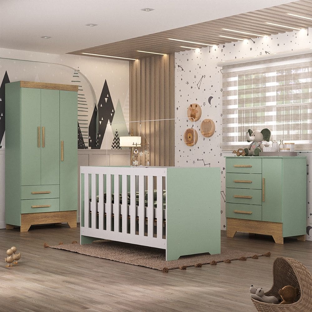 Quarto de Bebê com Guarda Roupa 3 Porta 2 Gavetas Cômoda 4 Gavetas 1 Porta e Berço 3 em 1 Catavento Maya Rodial