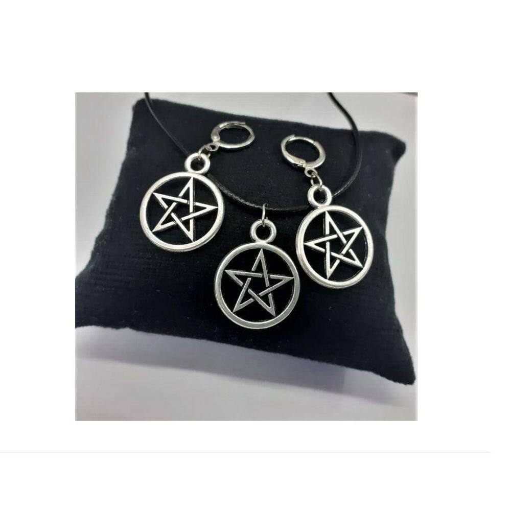 Conjunto Colar E Brinco Pentagrama Prateado Pequeno Delicado