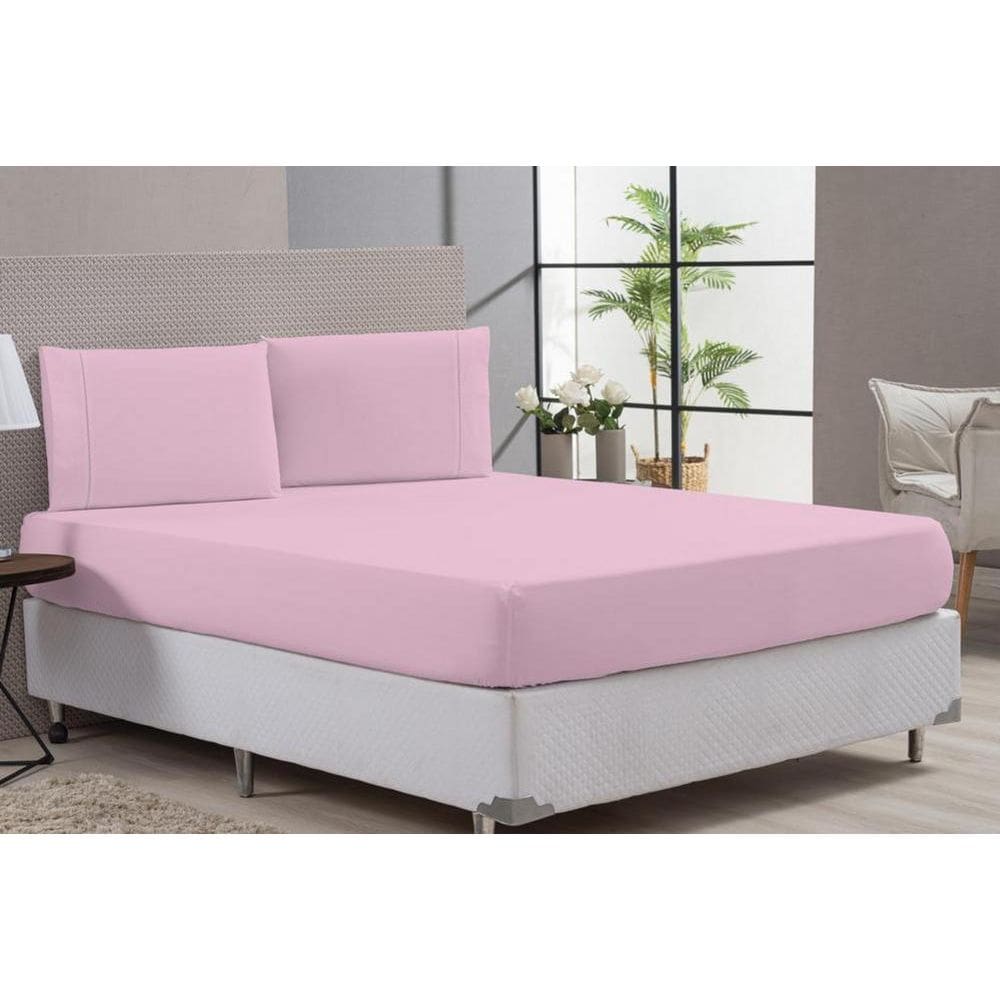 Kit Lençol Com Elástico E Fronha 80% Algodão Rosa Queen