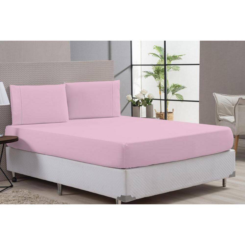Kit Lençol Com Elástico E Fronha 80% Algodão Rosa Queen