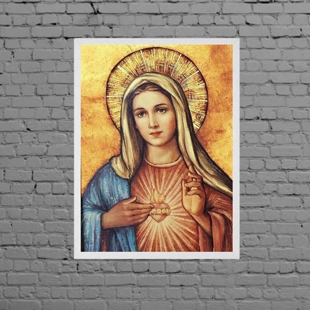 Quadro Arte Sagrado Coração De Maria 45X34Cm Moldura Branca