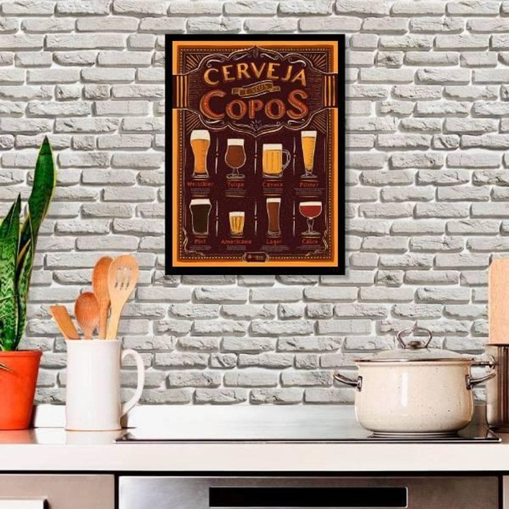 Quadro A Cerveja E Seus Copos 33X24 C/Vidro - Madeira Preta