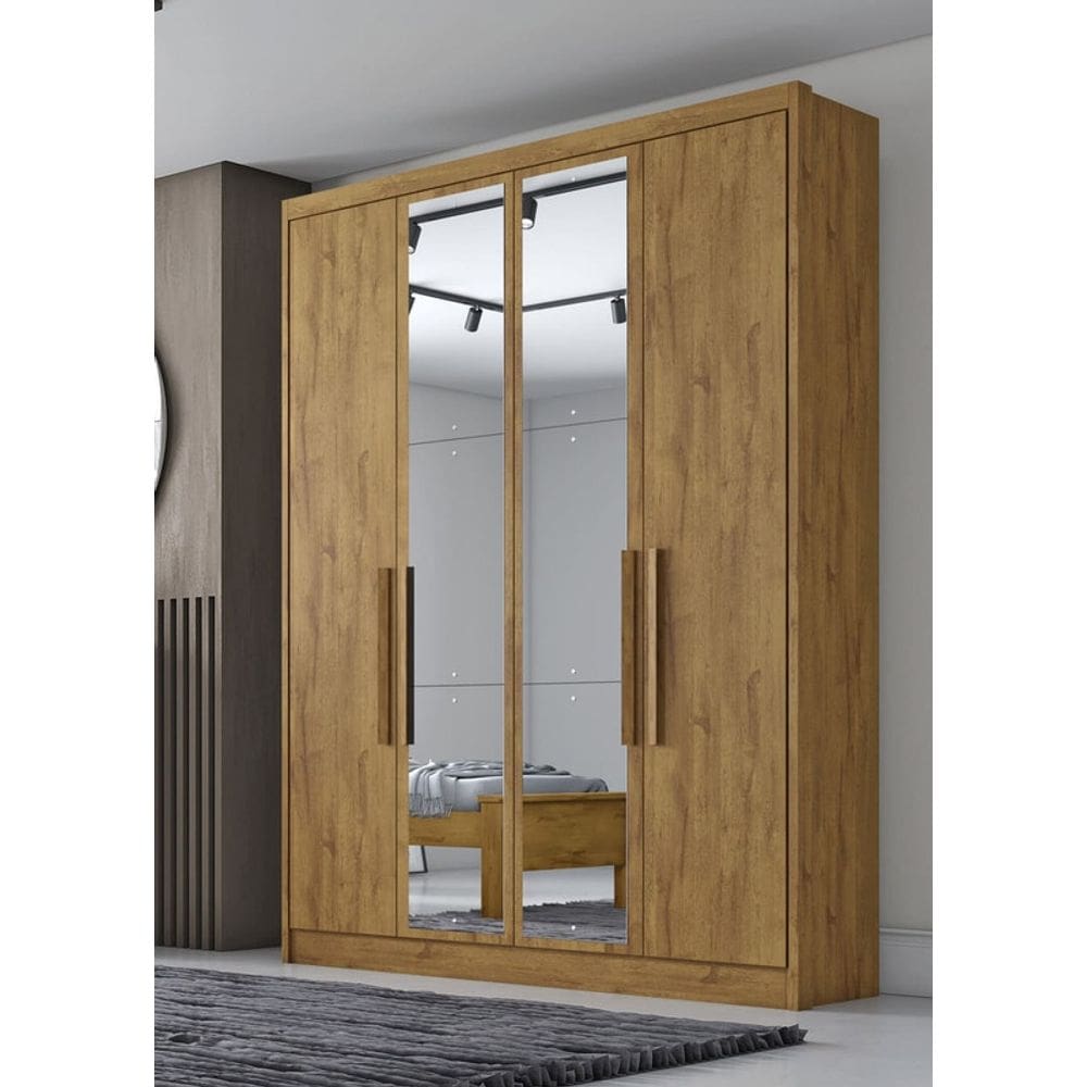 Guarda Roupa Solteiro com Espelho 4 Portas 3 Gavetas - Sevilha-Cumaru - Móveis Novo Horizonte
