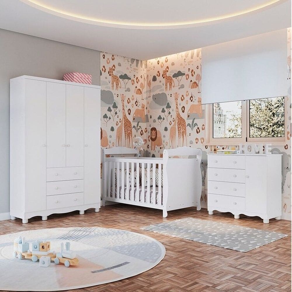 Quarto de Bebê Completo Berço Minicama Guarda-roupa 4 Portas e Cômoda 100% Mdf Nina Espresso Móveis Branco Brilho