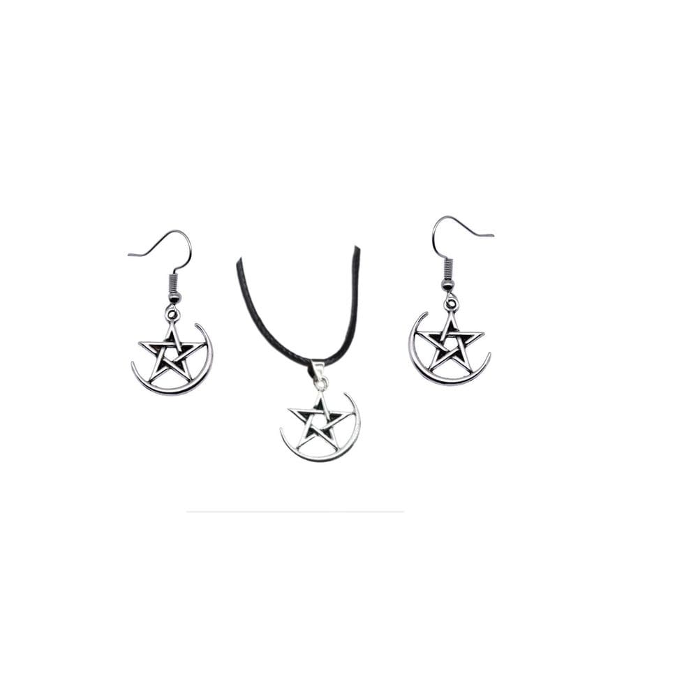 Conjunto Colar E Brinco Pentagrama Prateado Pequeno Delicado