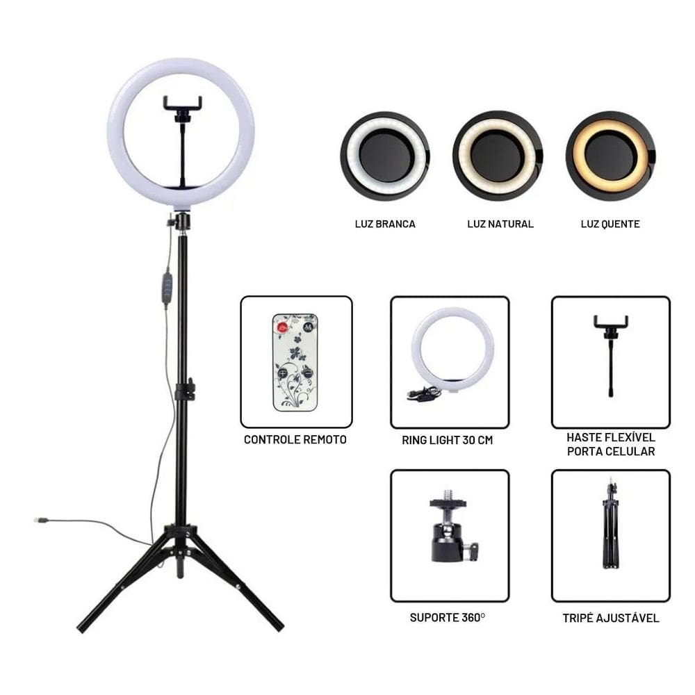 Ring Light Led Iluminador 30Cm Completo Tripé Control Remoto