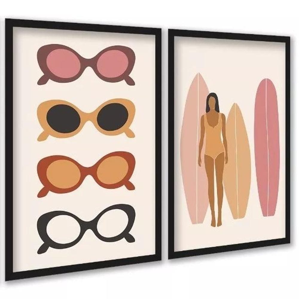 Kit 2 Quadros Óculos De Sol E Prancha De Surf 33X24Cm
