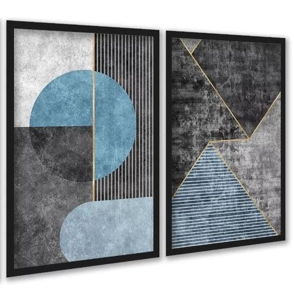 Kit 2 Quadros Abstratos Azul E Cinza Cimento 33X24Cm