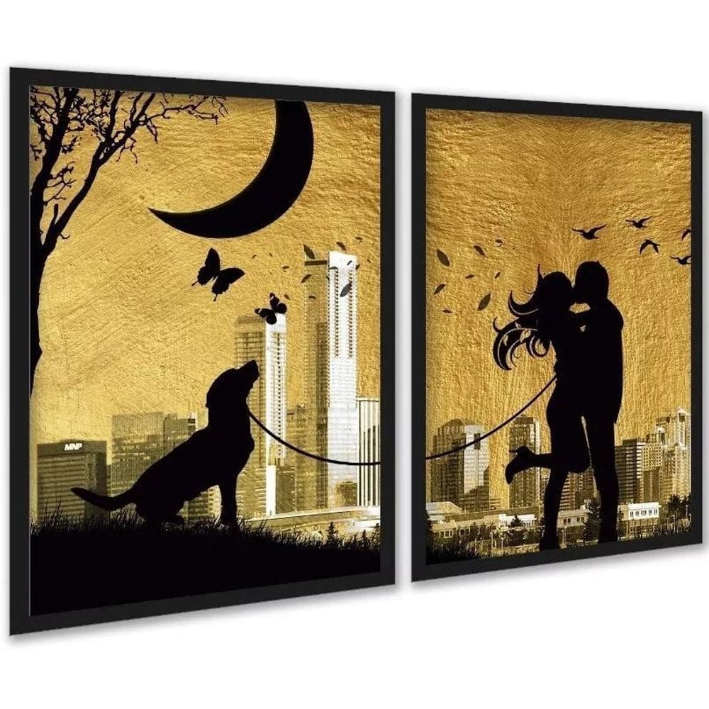 Kit 2 Quadros Arte Casal Com Cachorro 33X24Cm