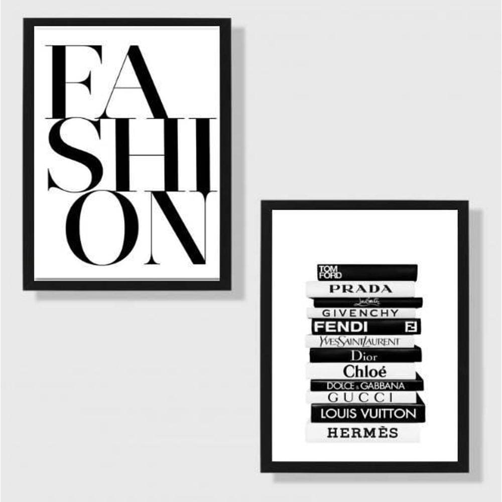 Kit 2 Quadros Livros Fashion 45X34 Com Vidro Preta