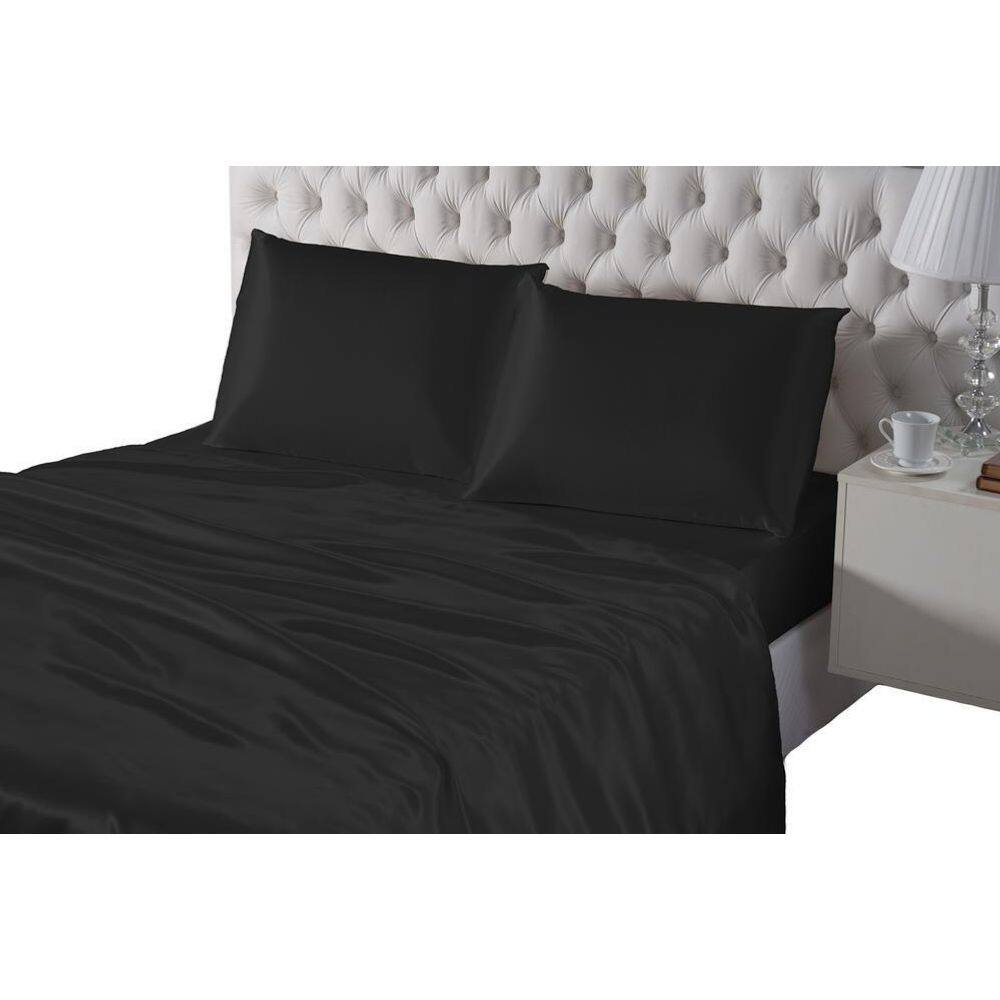Lençol 4 Peças Casal Queen Preto Seda Lençol Elástico