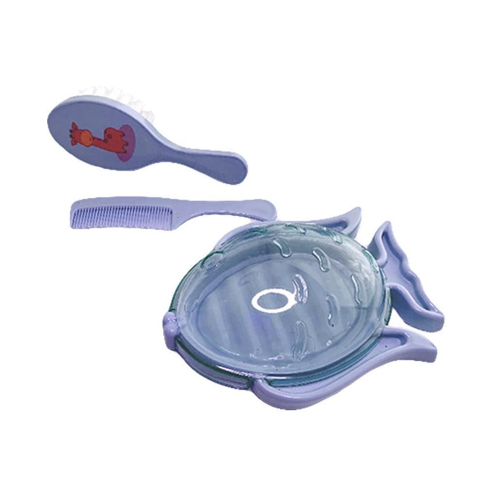Kit 3 Com Saboneteira Pente E Escova Cuidados Para Bebê Azul