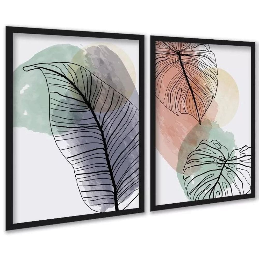 Kit 2 Quadros Folhas Costela Adão Aquarela 45X34Cm - Vidro