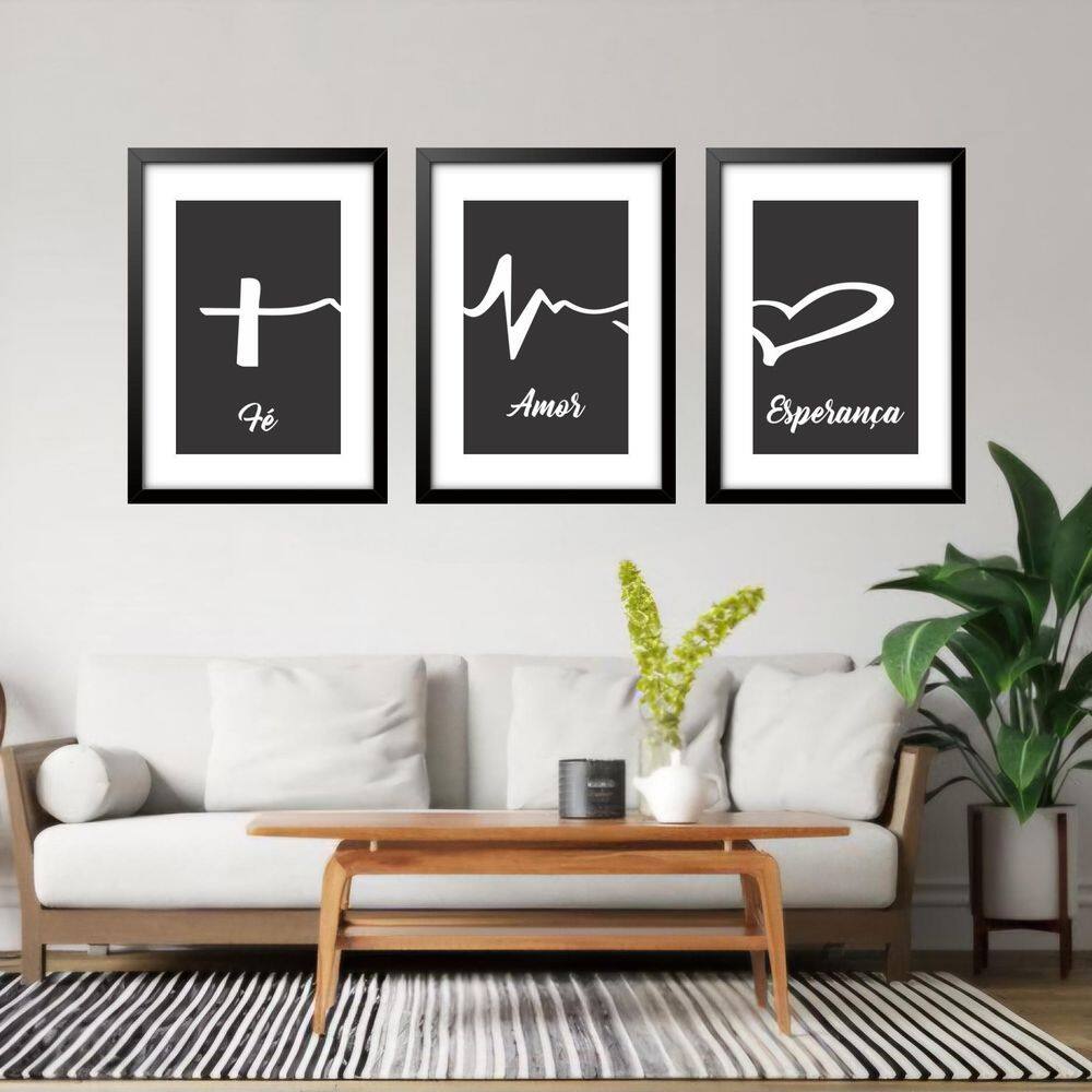 Kit 3 Quadros Grandes Fé Amor E Esperança 60X48Cm