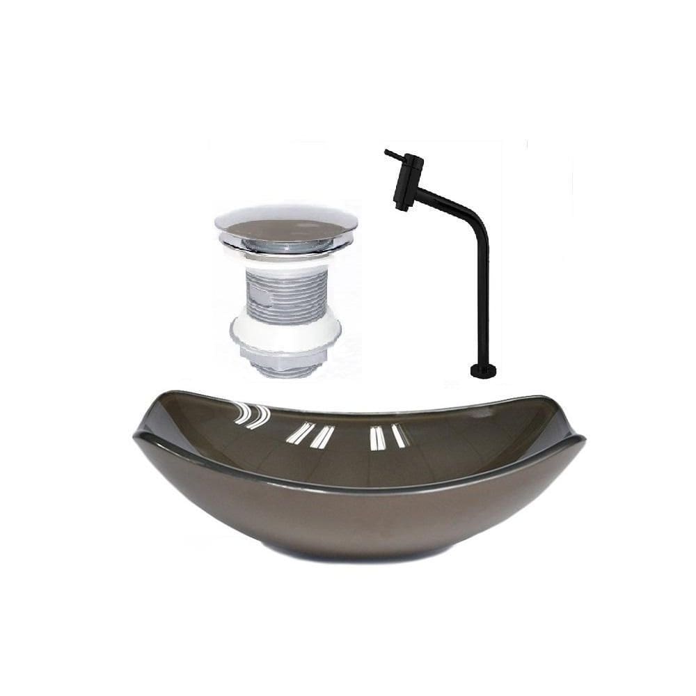 Cuba Vidro Oval 46Cm Marrom + Valvula + Torneira Preta
